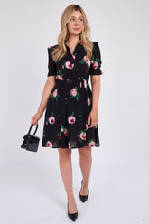 8Pcs Black Roses Print Mini Dress