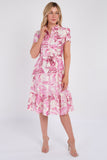 8Pcs Pink Swirl Print Frilled Hem Midi Dress