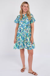8Pcs Blue Bloom Ruffle Hem Mini Shirt Dress