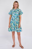 8Pcs Blue Bloom Ruffle Hem Mini Shirt Dress