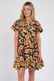 8Pcs Black Bloom Print Ruffle Hem Mini Shirt Dress