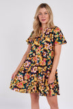 8Pcs Black Bloom Print Ruffle Hem Mini Shirt Dress