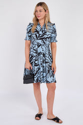 8Pcs Powder Blue Leaf Print Mini Dress