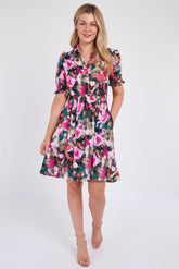 8Pcs Pink Roses Print Mini Dress