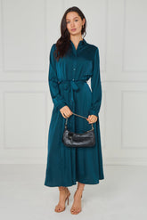 8Pcs Teal Velvety Satin Maxi Shirt Dress
