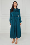 8Pcs Teal Velvety Satin Maxi Shirt Dress
