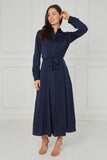 8Pcs Navy Velvety Satin Maxi Shirt Dress