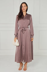 8Pcs Dusty Rose Taupe Velvety Satin Maxi Shirt Dress