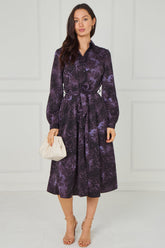 8pcs Purple Leopard Smudge Print Midi Shirt Dress