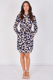 Love Sunshine Navy Leopard Print Mini Shirt Dress Brunch Dress Casual Dress Dress with Pockets Dresses Everyday Dress Leopard Print Dress Long Sleeve Dress LS-5026 Workwear Dress