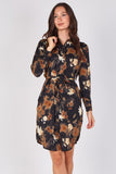 Love Sunshine Black Rust Floral Print Tie Waist Shirt Dress Brunch Dress Casual Dress Dress with Pockets Dresses Everyday Dress Leopard Print Dress Long Sleeve Dress LS-5026 Workwear Dress