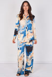 Love Sunshine Blue Abstract Print Satin Shirt and Trouser Set Co ord sets LS-5002 LS-5002&9057 LS-9057