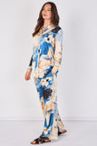 Love Sunshine Blue Abstract Print Satin Shirt and Trouser Set Co ord sets LS-5002 LS-5002&9057 LS-9057