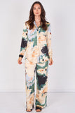 Love Sunshine Green Abstract Print Satin Shirt and Trouser Set Co ord sets LS-5002 LS-5002&9057 LS-9057