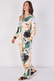 Love Sunshine Green Abstract Print Satin Shirt and Trouser Set Co ord sets LS-5002 LS-5002&9057 LS-9057