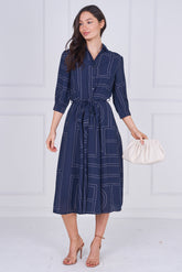 8Pcs Navy Contemporary Line Print Shirt Dress
