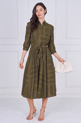 8Pcs Khaki Green Contemporary Line Print Shirt Dress