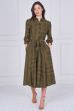 8Pcs Khaki Green Contemporary Line Print Shirt Dress
