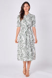 8Pcs Green Leaf Print Tie Waist Midi Dress