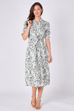 8Pcs Green Leaf Print Tie Waist Midi Dress