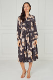 8pcs Dark Charcoal Floral Print Midi Shirt Dress