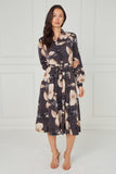8pcs Dark Charcoal Floral Print Midi Shirt Dress