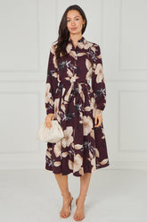 8pcs Maroon Floral Print Midi Shirt Dress
