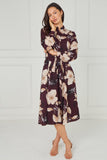 8pcs Maroon Floral Print Midi Shirt Dress