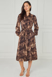 8pcs Brown Leopard Smudge Print Midi Shirt Dress