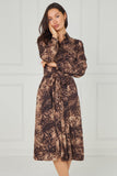 8pcs Brown Leopard Smudge Print Midi Shirt Dress