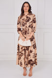 8Pcs Mocha Bloom Print Belted Maxi Shirt Dress