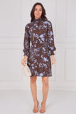 6Pcs Chocolate and Powder Blue Floral Shirred Neck Dress