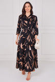 8Pcs Copper Painterly Print Belted Maxi Shirt Dress