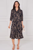 8Pcs Black and Smoky Olive Swirl Print Half Sleeve Midi Shirt Dress