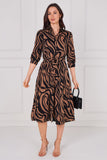 8Pcs Black and Tan Swirl Print Half Sleeve Midi Shirt Dress
