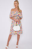 8Pcs White Floral Print Bardot Mini Dress