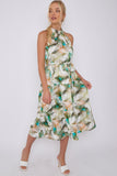 8Pcs Peacock Feather Print Halter Neck Satin Midi Dress