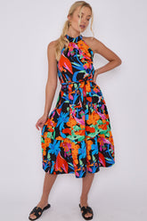 8Pcs Abstract Floral Print Halter Neck Midi Dress