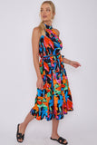 8Pcs Abstract Floral Print Halter Neck Midi Dress