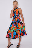 8Pcs Abstract Floral Print Halter Neck Midi Dress