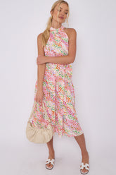 8Pcs Rainbow Leopard Print Halter Neck Midi Dress