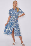 8Pcs Blue Floral Print Baloon Sleeve Knotted Midi Dress