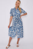 8Pcs Blue Floral Print Baloon Sleeve Knotted Midi Dress