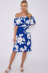 8Pcs Blue Floral Print Bardot Mini Dress
