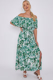 8Pcs Green Leaf Floral Print Bardot Maxi Dress