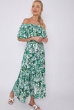 8Pcs Green Leaf Floral Print Bardot Maxi Dress