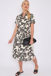 6Pcs Black Floral Print Short Sleeve Midi Shirt Dress