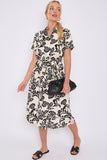 6Pcs Black Floral Print Short Sleeve Midi Shirt Dress