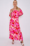 8Pcs Fuchsia Floral Print Bardot Maxi Dress