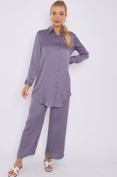8Pcs Purple Grey Crepe Satin Co-ord Shirt and Trousers Set
